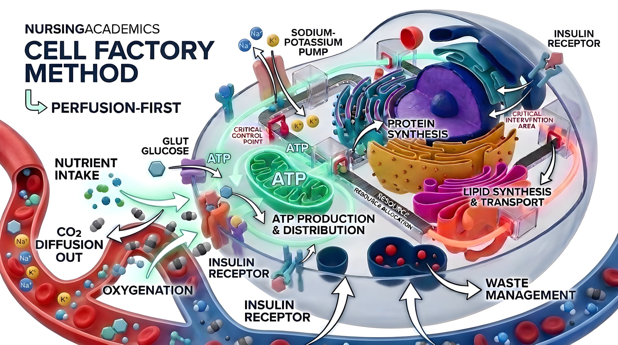 The Cell Factory Method, perfusion-first: a human cell rendered as a factory fed by a blood vessel - nutrient intake with GLUT glucose and oxygenation in and CO2 diffusing out, ATP production and distribution in the mitochondria, protein synthesis at the nucleus and rough ER, lipid synthesis and transport, the sodium-potassium pump, insulin receptors, and waste management.