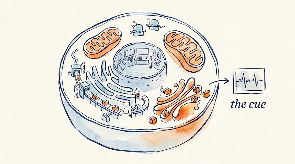 An editorial watercolor illustration of a human cell rendered as a small factory: a control room nucleus, mitochondria as power generators, an endoplasmic reticulum conveyor belt with workers and shipping crates, an arrow leading outward to an ECG-style waveform labeled 'the cue.'